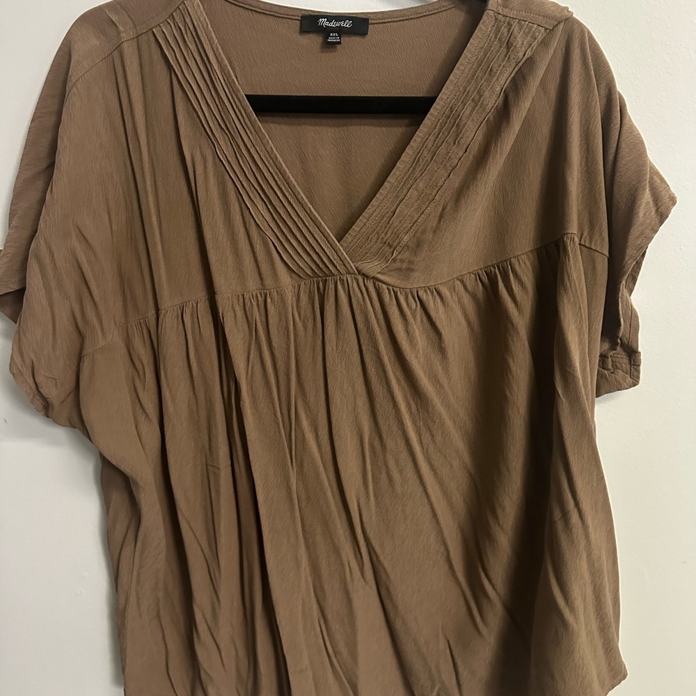 Madewell Women's Tan Pleated V-Neck Blouse